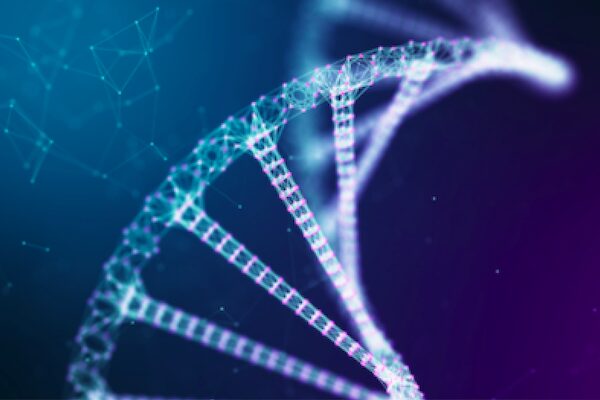 Una ilustración digital de una estructura de doble hélice de ADN con hebras brillantes de color azul y morado sobre un fondo oscuro, similar a las imágenes detalladas que se ven en el Boletín Médico EuroEspes Health, con patrones geométricos y efectos de luz.