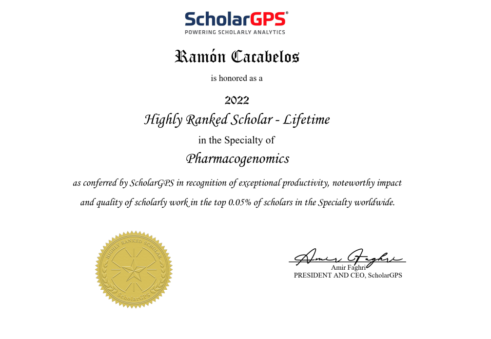 Certificado otorgado a Ramón Cacabelos por ScholarGPS por ser un Highly Ranked Scholar - Lifetime in Pharmacogenomics, 2022. Este honor, avalado por el Centro Médico de Neurociencias: Medicina Genética, está firmado por el Presidente y CEO y cuenta con un sello dorado de excelencia.