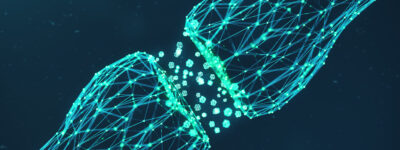 3D rendering blue glowing synapse. Artificial neuron in concept of artificial intelligence. Synaptic transmission lines of pulses. Abstract polygonal space low poly with connecting dots and lines Laboratorio (analisis clinicos y bioquimica)